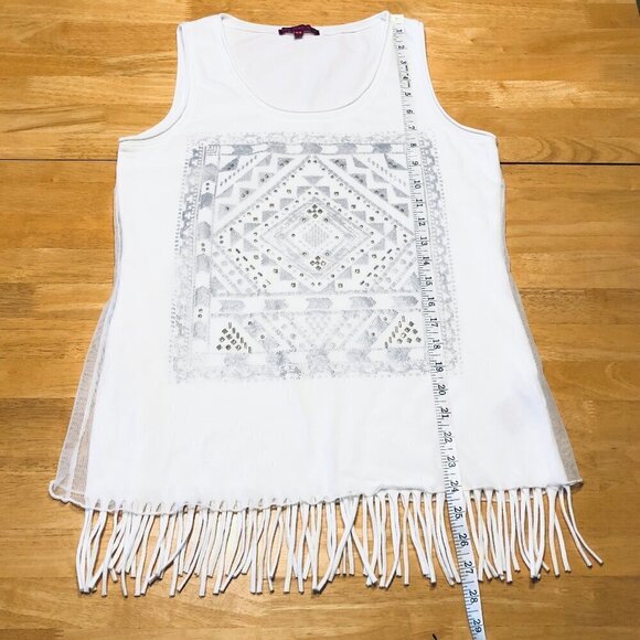 San Fransisco White Fringed Tank Top Sheer Scoop Neck Festival Summer Women's M - Picture 14 of 16